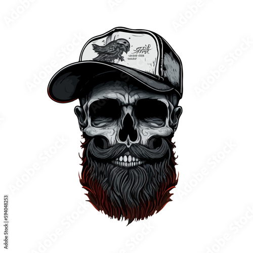 Vector isolated hipster skull with beard. Cartoon skull. Grunge and vintage skull illustration. Line art skull vector tattoo dead in a cap vector isolated on white	