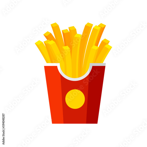 French fries in a red pack box. Fried potato in a paper package. Fast food template. Vector illustration in trendy flat style isolated on white background.