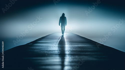 A surreal and dreamlike image of a lone figure walking along a deserted city street at night