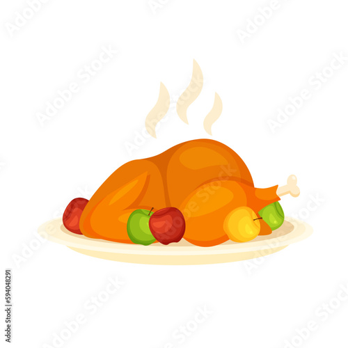 Baked turkey stuffed with apples. Roast chicken on a plate. Fried meat. Food icon. Vector illustration in trendy flat style isolated on white background.