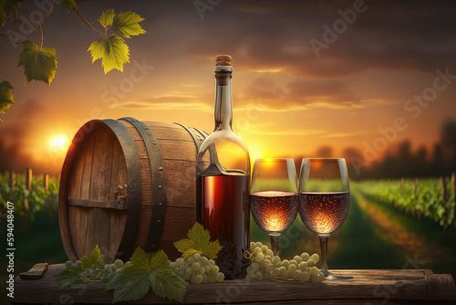 Wine Glasses And Bottle With Barrel In Vineyard At Sunset (ai generated)