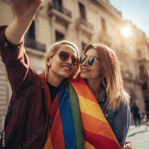 Two female friends celebrating diversity with rainbow flag