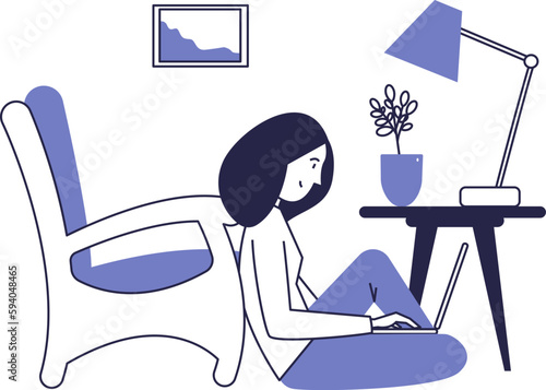 Girl working on a laptop at home. Freelancing vector scene.