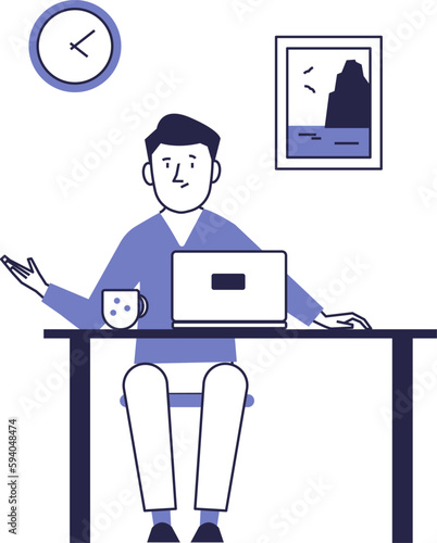 A man is working on a laptop. Remote work vector scene.