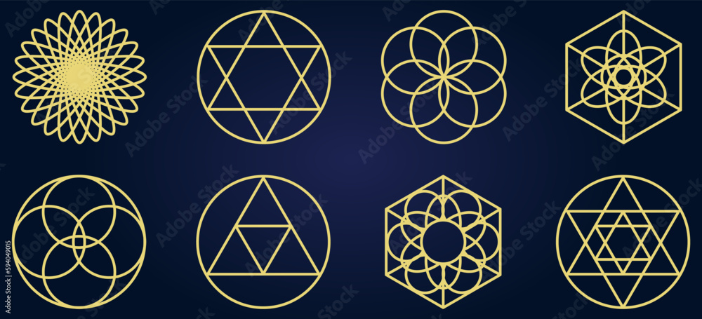 Mystical sacred geometry icon set. Spirituality, harmony concept. Vector illustration isolated on white background