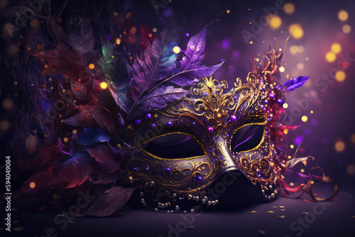 Carnival Party - Gold Venetian Mask On purple Satin With Shiny Streamers On Abstract Defocused Bokeh Lights (ai generated)