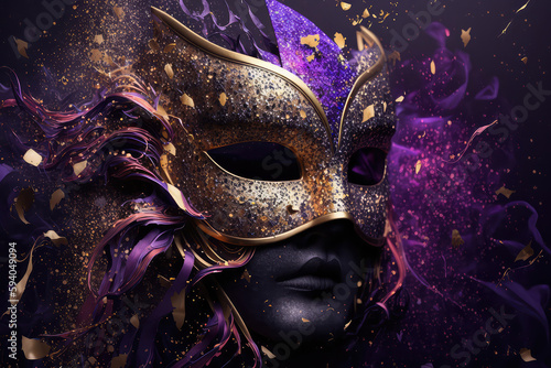 Carnival Party - Gold Venetian Mask On purple Satin With Shiny Streamers On Abstract Defocused Bokeh Lights (ai generated) © ImagineDesign