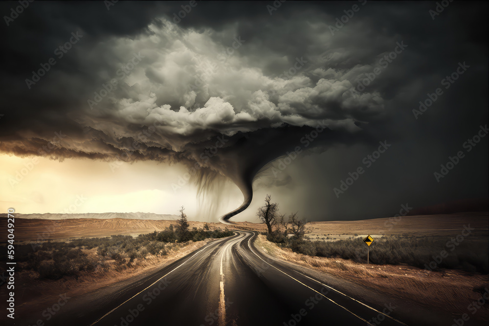 Powerful Tornado On Road In Stormy Landscape (ai generated)