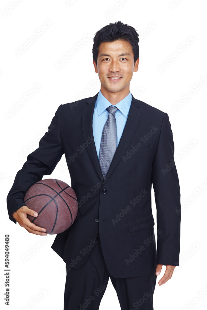 Portrait, business man and basketball for sports, motivation and isolated on a transparent png background. Happy asian male, manager and holding ball for coaching, training strategy and pride in suit