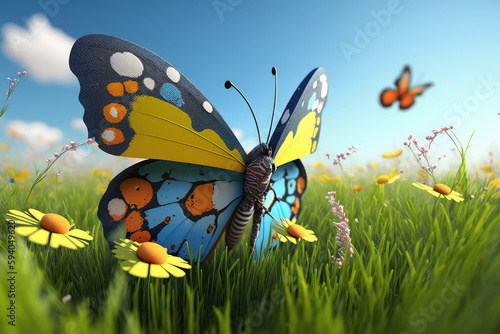 Solar energy industry and alternative fuel from the sun as a butterfly robot shaped with machine and a flower in the meadow as with 3D illustration elements. (ai generated) photo