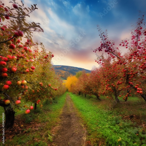 Colorful Apple Orchard Breathtaking Photograph during Autumn Season