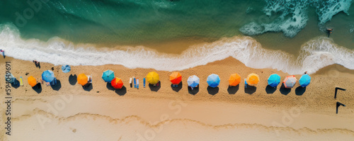 This vibrant aerial view of a tropical beach with colorful umbrellas and people enjoying the sun and the sea is perfect for any travel or leisure-related graphic design project. AI Generative photo