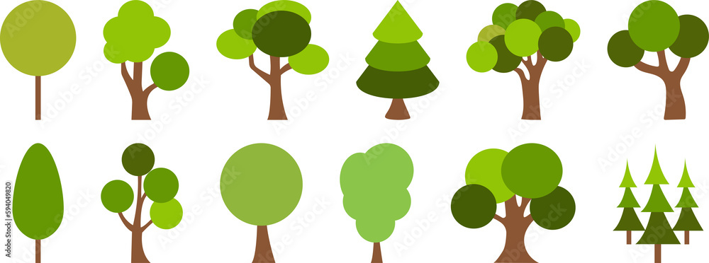 Set of flat trees. Cartoon forest plants. PNG