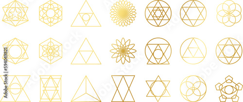 Set of sacred geometry icons in golden gradient. PNG