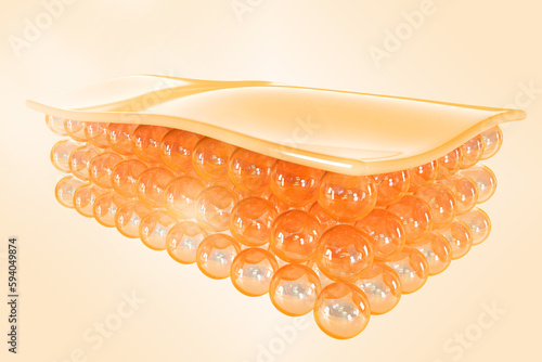 Skin structure 3d render. Abstract skin layer with cells isolated on beige background. Human normal skin epidermis, dermis, subcutaneous fat or hypodermis, healthy skin anatomy. 3D illustration photo