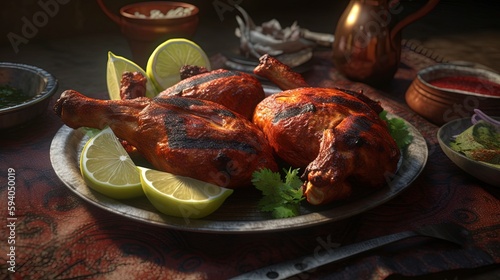 Generative AI Delicious Roasted Tandoori Chicken Indian Food on a Plate