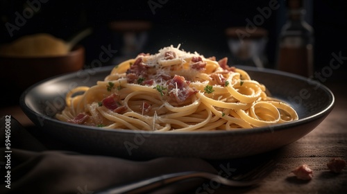 Generative AI Tasty Italian Carbonara Spaghetti Pasta on a Black Plate