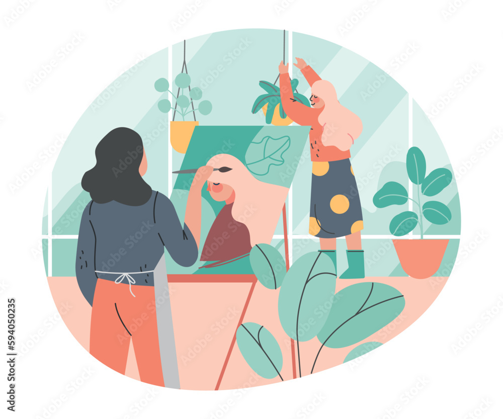 Φωτογραφία Woman Character at Greenhouse Drawing Portrait of Girl Planting and Cultivating
