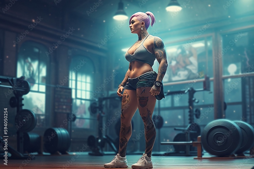 Φωτογραφία full figured muscular fitness body, feminine bodybuilder vixen wearing short shorts and tattoos in gym, animecore hyperrealistic