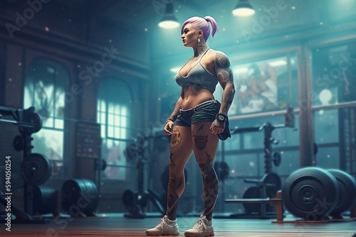 full figured muscular fitness body, feminine bodybuilder vixen wearing short shorts and tattoos in gym, animecore hyperrealistic. generative AI