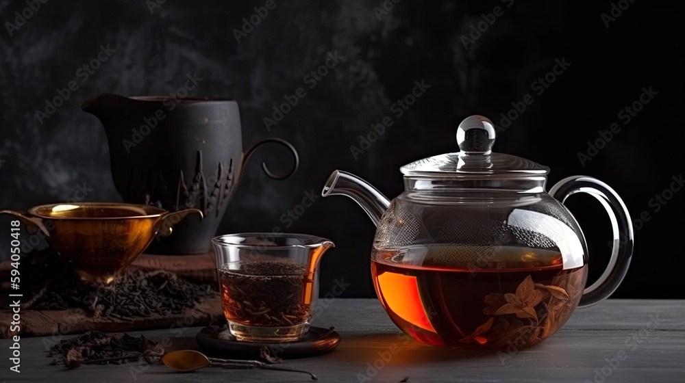 hot tea in a teapot isolated on dark background. Generative AI hot tea in a teapot isolated on dark background. Generative AI