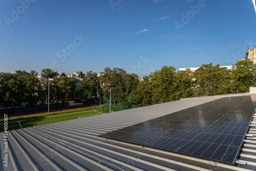 Top view of the roof with photovoltaic panels installed.