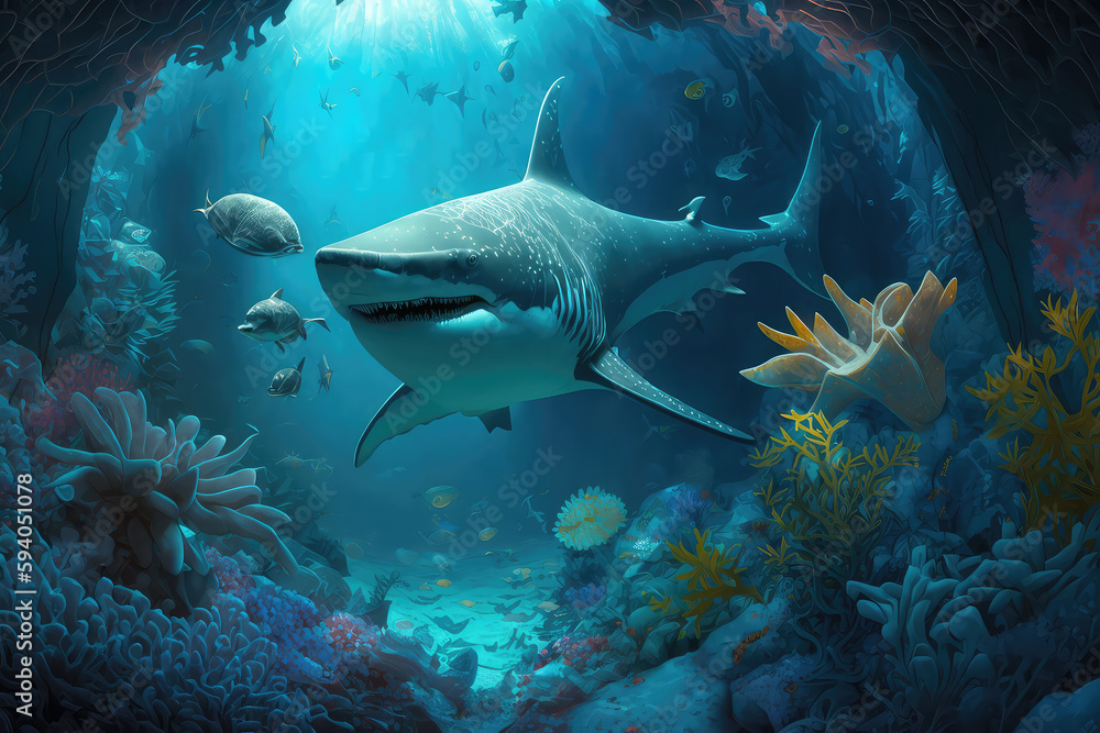 Animals of the underwater sea world. Ecosystem. Colorful tropical shark. Life in the coral reef. (ai generated)