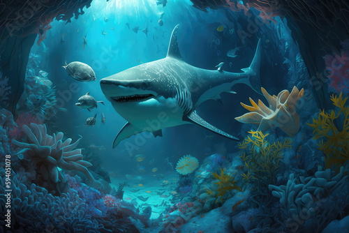 Animals of the underwater sea world. Ecosystem. Colorful tropical shark. Life in the coral reef.  ai generated 