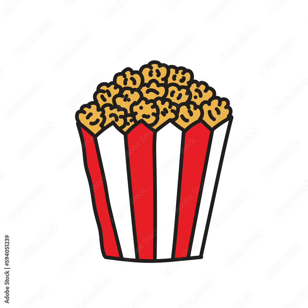 A hand-drawn cartoon bucket of popcorn isolated on a white background. Sketch. Vector illustration