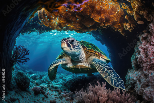 Image for 3d water floor. Underwater world. Turtle. corals.  ai generated 