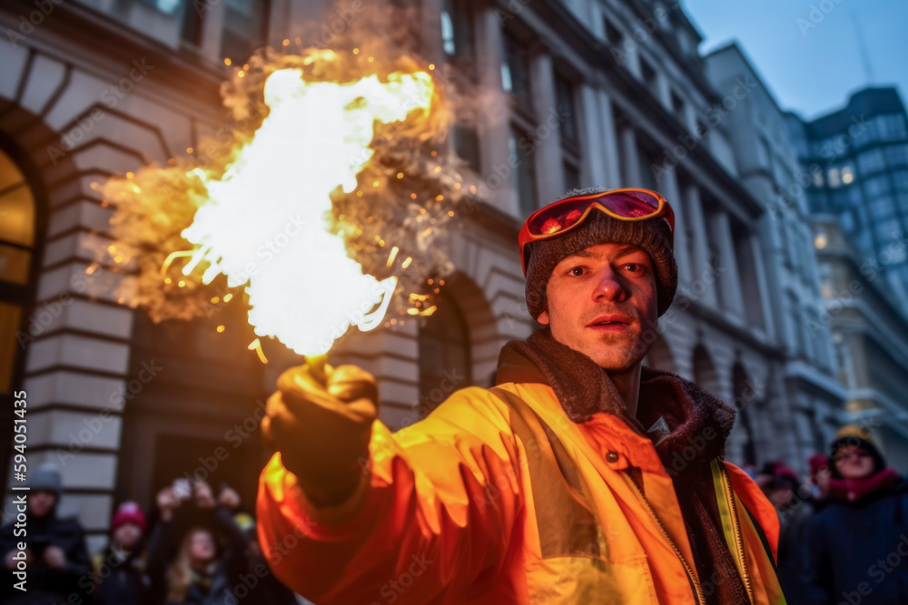 Man in a yellow jacket holding a flare. Generative AI. Man in a yellow jacket holding a flare. Generative AI.
