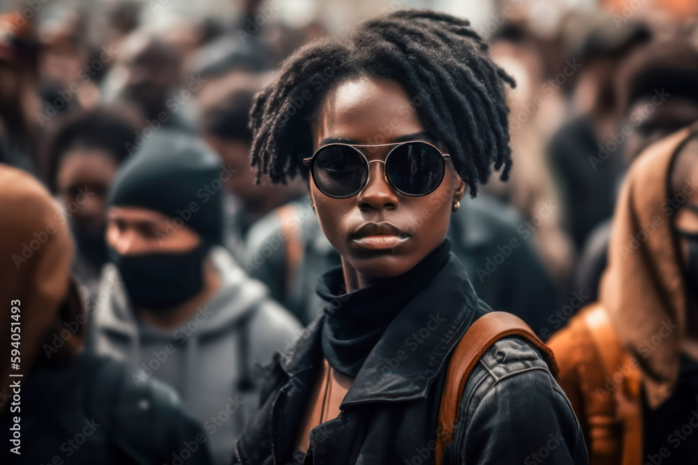 Woman wearing sunglasses and a black leather jacket standing in a crowd. Generative AI.