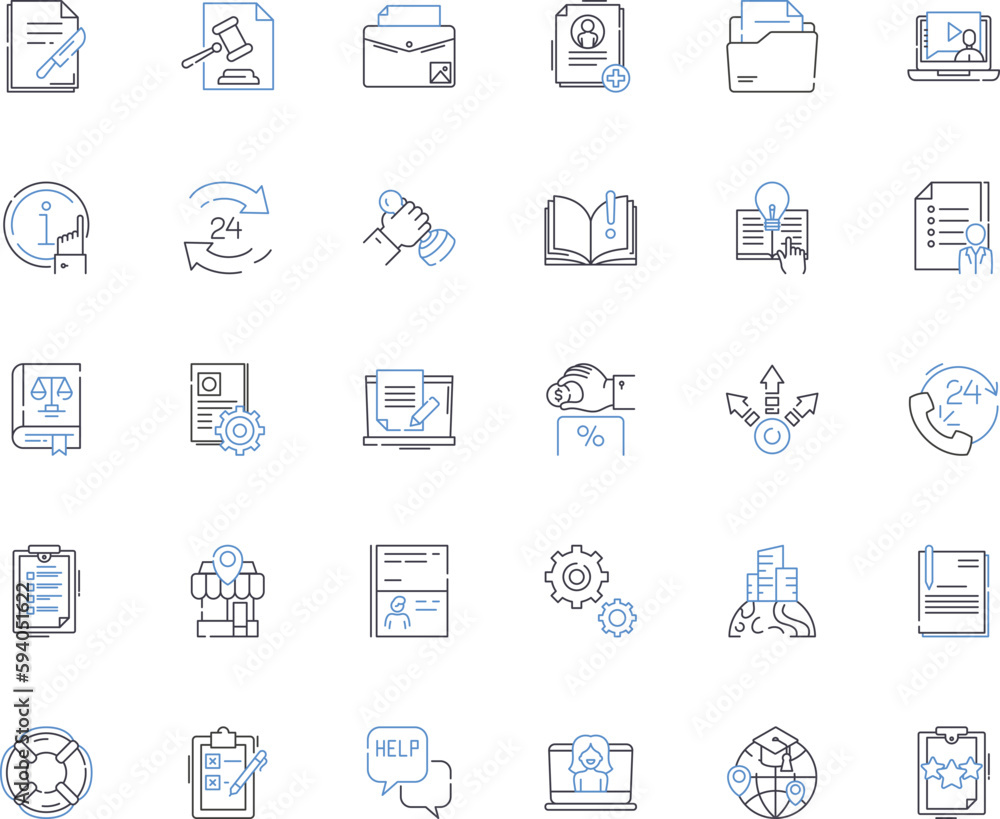 Training materials line icons collection. Manuals, Videos, Workbooks, Presentations, Handouts, Slides, Worksheets vector and linear illustration. Courses,Exercises,Guides outline signs set