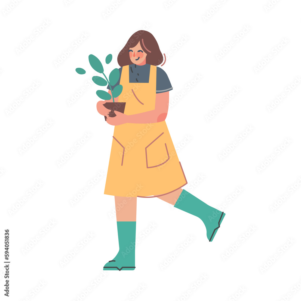 Woman Character at Greenhouse Carrying Flower in Pot Planting and Cultivating Vector Illustration Woman Character at Greenhouse Carrying Flower in Pot Planting and Cultivating Vector Illustration