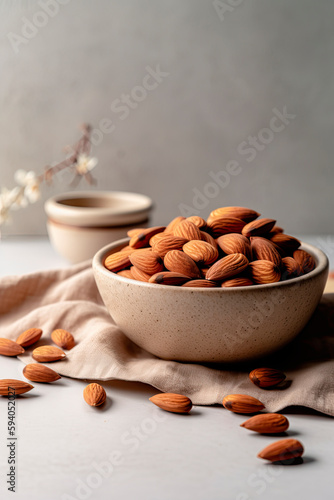 Almonds in porcelain bowl on table. Generative AI
