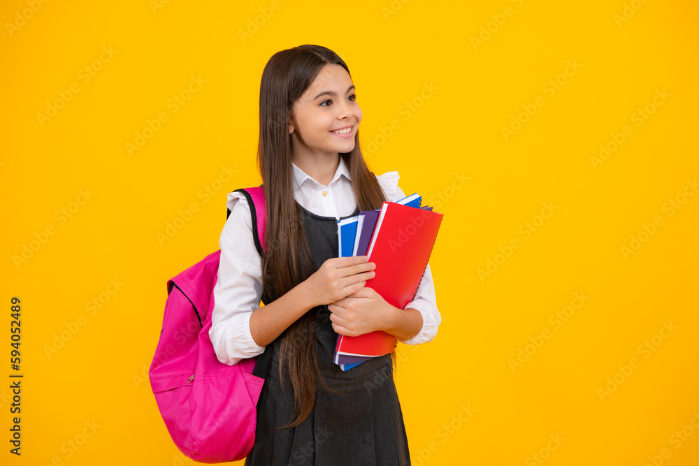 School teenager child girl 12, 13, 14 years old with school bag book and copybook. Teenager schoolgirl student, isolated background. Learning and knowledge. School teenager child girl 12, 13, 14 years old with school bag book and copybook. Teenager schoolgirl student, isolated background. Learning and knowledge.