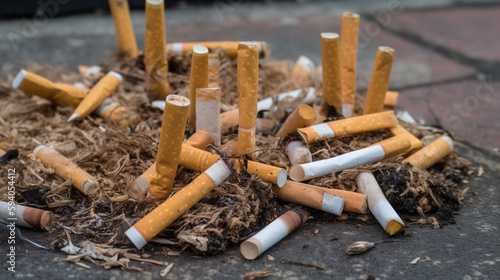 a lot of discarded burnt cigarette butts with some ash, Created using generative AI tools.