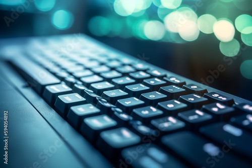 A close-up of a computer keyboard with bokeh lights in the background, symbolizing technology in business - business concept, bokeh Generative AI