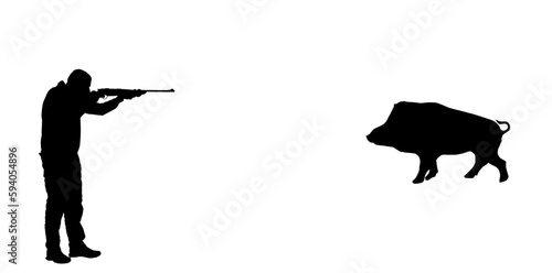 Aiming hunter man with shotgun rifle shooting wild boar vector silhouette illustration isolated on white. Outdoor hobby hunting male hog. Shooter kill animal outdoor sport hobby. Male primal instinct