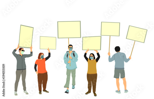 Group of people protesters vector illustration isolated. Man hand holding sign. Empty banner plate. Blank protest flag. Political agitation campaign. Demonstration social laborer rights against crisis