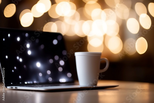 A close-up of a coffee cup and a laptop on a table with bokeh lights, portraying a productive work environment - business concept, bokeh Generative AI