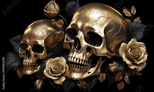 Golden skull with black isoloty flowers, botanical elements. Generative AI technology.