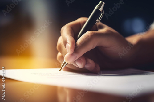 An abstract close-up of a hand holding a pen, signing a document with bokeh lights in the background - business concept, bokeh Generative AI