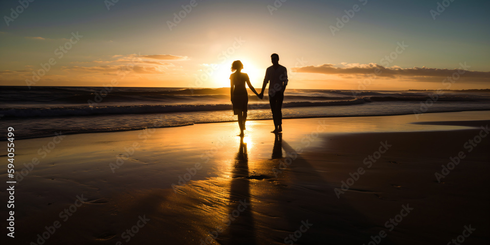 a couple having a good time on the sunset beach, generative ai