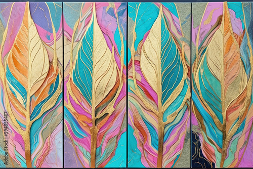 Colorful feathers, tribal, vibrant pink, magenta, cyand and gold pastel colors, AI generative illustration