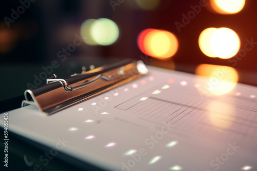 A close-up of a clipboard with a pen and checklist, with bokeh lights in the background, representing business planning and organization - business concept, bokeh Generative AI