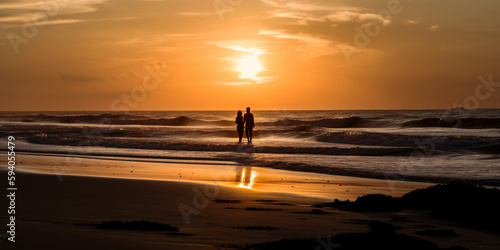 a couple having a good time on the sunset beach, generative ai