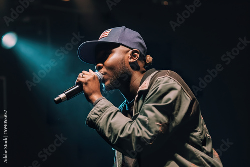 African rapper on stage rap, dynamic pose, hero angle, AI generative illustration