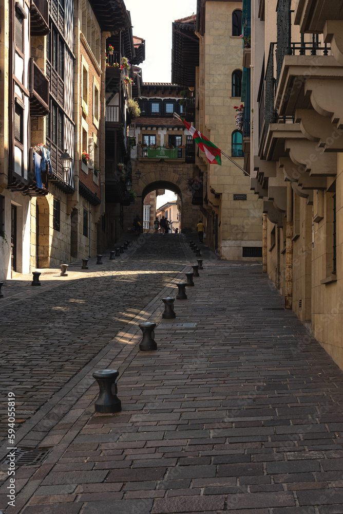 Historic city center with Santiago Compostela Street and the gate to Gipuzkoa Square in the background, Hondarribia, Basque Country, Spain