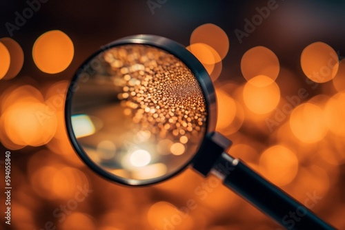 An abstract close-up of a magnifying glass or loupe with bokeh lights, symbolizing business investigation and research - business concept, bokeh Generative AI